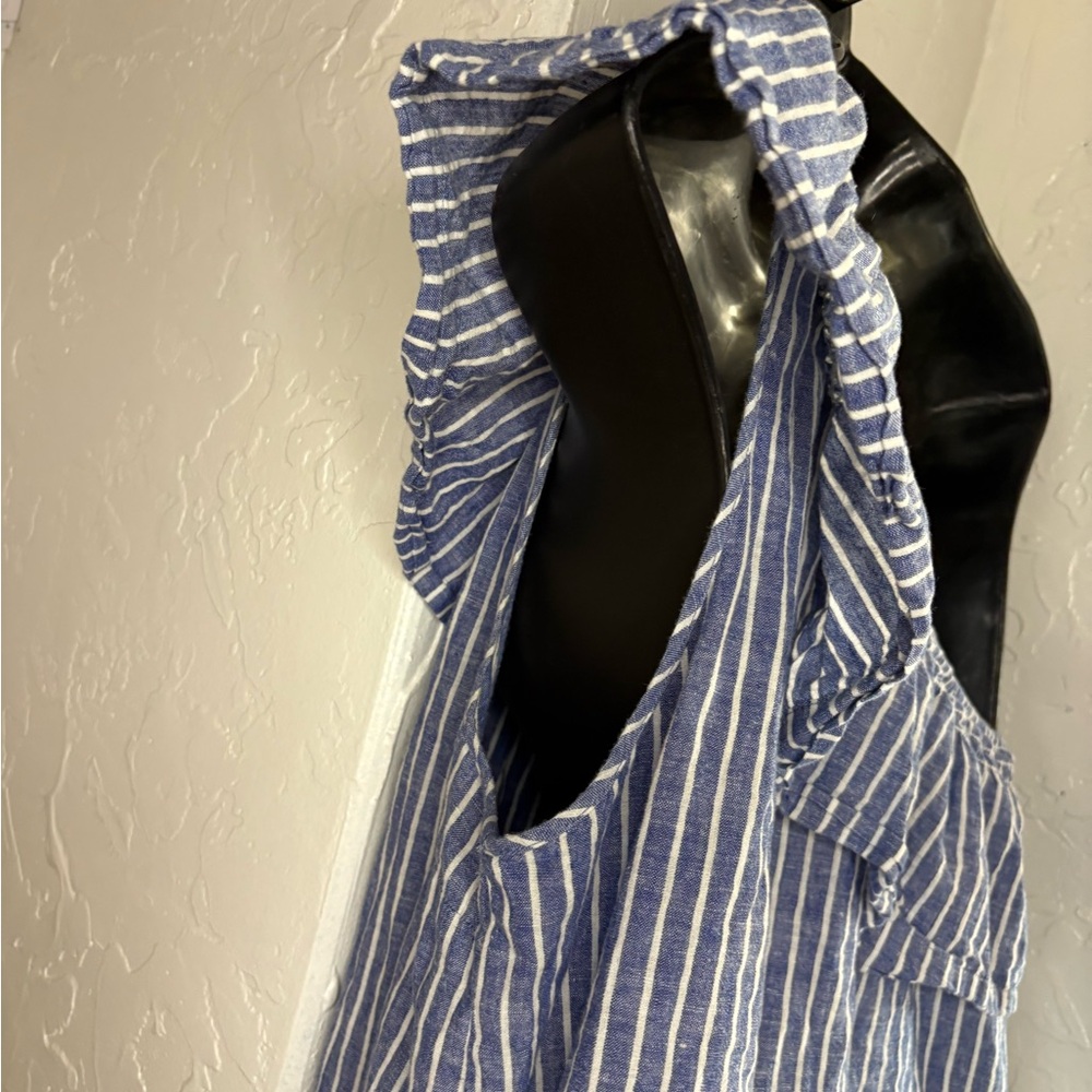 Madewell blue White one shoulder striped mini dress linen cotton blend sz L - Picture 10 of 14